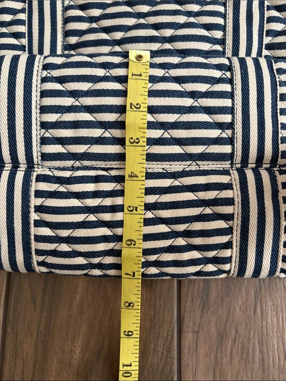 Madden Girl Navy and White Quilted Striped Tote with Bright Yellow Green Accent